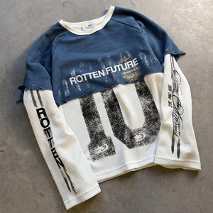 Custom Cotton Cut Distressed Vintage Waffle <b>Shirt</b> Double Layer <b>Patchwork</b> Embroidery Digital Printed Thermal Long Sleeve <b>Shirt</b> - Product Image 1