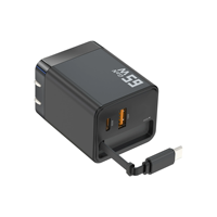 Bloc chargeur USB C 65W GaN avec câble rétractable de type C Adaptateur de charge rapide de voyage à double port Fonction PD 3.0 pour ordinateur portable
