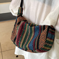 Tas Selempang Wanita Vintage, Model Resleting, Tali Tunggal, Kanvas Etnik, Tas Selempang untuk Wanita
