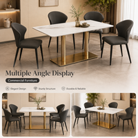 Tables et chaises de restaurant, ensemble de salle à manger avec plateau en pierre frittée, base en colonne dorée et sièges rembourrés pour bistrot et café
