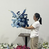 Bola Bunga Hydrangea Mawar Sutra Buatan 50cm Biru Langit Putih, Dekorasi Tengah Meja Pernikahan