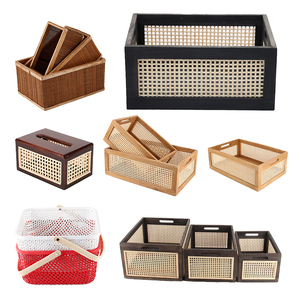 Fournitures de bureau Bureaux en bois Paniers avec poignées Cadre en bois Panier de <span class=keywords><strong>rangement</strong></span> tissé en rotin Boîtes de <span class=keywords><strong>rangement</strong></span> en bambou pour articles divers - Product Image 6