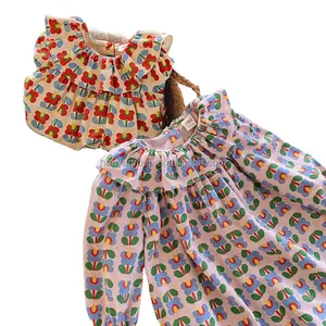 Детское платье с цветочным принтом и воротником-лотосом, 2023 осеннее платье для девочек, платья принцессы с пышными рукавами, распродажа