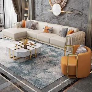 Sofá de tela de esquina de ocio en forma de L de acero inoxidable dorado de cuero de lujo moderno para muebles de sala de estar