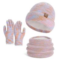 Set Rajutan Hangat Musim Dingin 3 in 1 Berlapis Fleece Motif Garis Marled, Kupluk, Penutup Leher, Sarung Tangan, Set Topi Syal Sarung Tangan Unisex untuk Pria Wanita