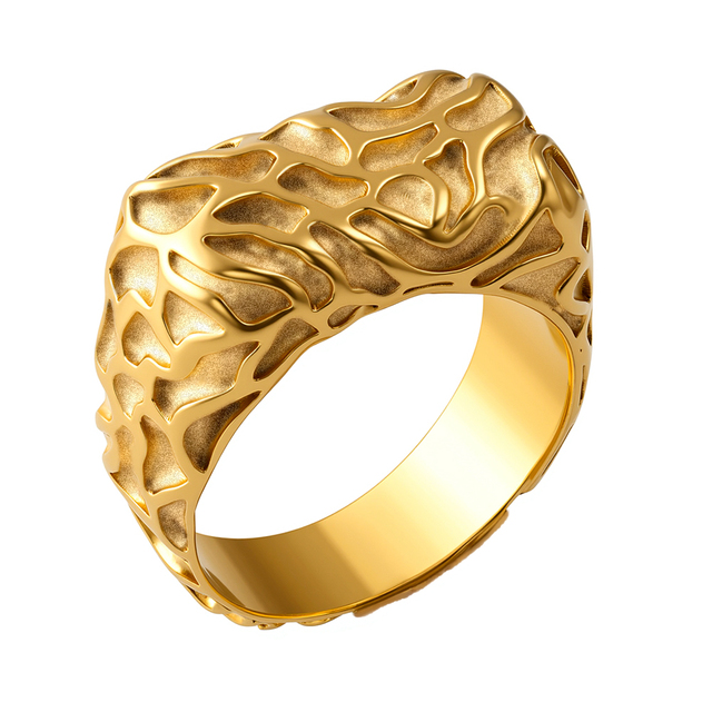 Designer D-Shape Crater Ring for Women Waterproof Retro Fashion 18K Gold Plated Stainless Steel Trendy Finger Seal