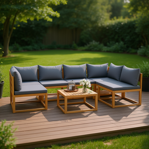 Ensemble de salon de jardin en bois d'acacia massif, 5 pièces, avec coussins gris, meubles de jardin d'extérieur, design contemporain, résistant aux intempéries - Product Image 2