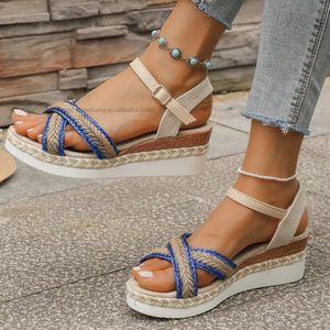 Women Cross Strap <b>Thick</b> Sole European and American Style Wedge Sandals Summer New Hemp <b>Rope</b> Large Sandals - Product Image 3