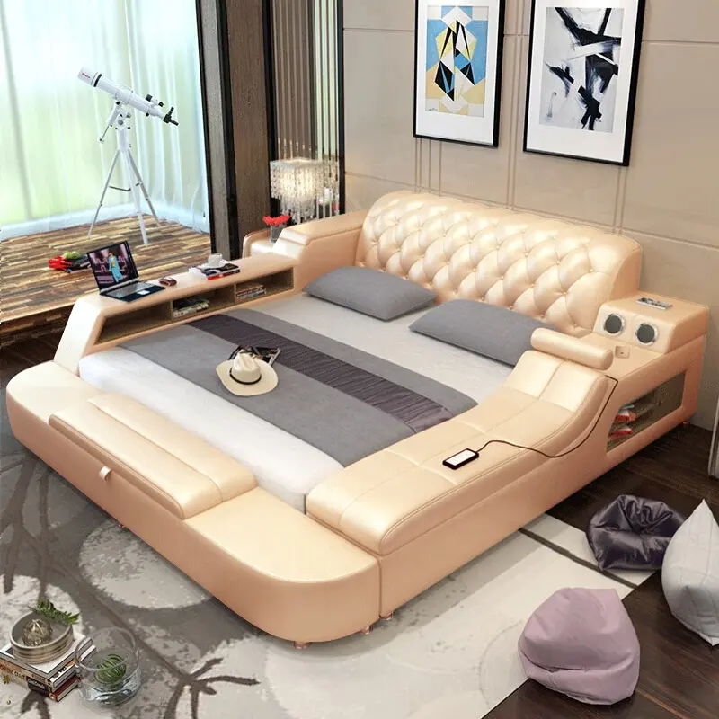 Modern Leather Smart Bed 1.8 m Multifunctional Double Massage King Bed Frame With Storage