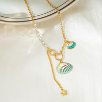 Collier en acier inoxydable émaillé avec pendentif coquillage et perle asymétrique, plaqué or 18K PVD, inaltérable, bijoux océaniques