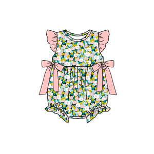Conjunto de mono para bebé SR4125 CUSTOM con estampado de flores verdes, manga volante, venta al por mayor. - Product Image 1