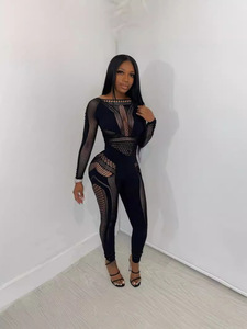 New Sexy Women's Solid Round Neck Mesh Hollow Long Sleeve Perspective Passionate Slim Fit One Piece Pants - Product Image 3
