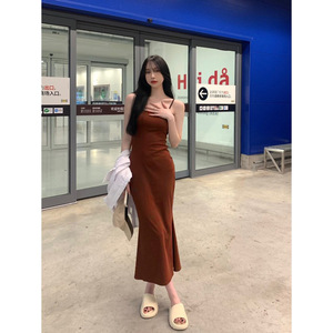 Summer Sexy Bodycon Dress Strapless Slit Long Skirt For Women Coffee Color - Product Image 1