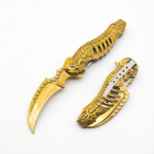 มีดคารัมบิตพับได้ไทเทเนียมสีทอง ใบมีดเหล็กกล้าไร้สนิม 3Cr13 ด้ามจับลายโครงกระดูก 3 มิติ สำหรับพกพา ทำกิจกรรมกลางแจ้ง DIY OEM - Product Image 1