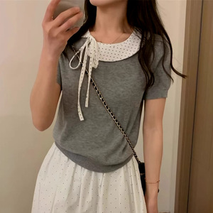 Chemisier en dentelle à manches courtes pour <span class=keywords><strong>femme</strong></span>, style vintage, col rond uni, avec nœud sur le devant, chemise décontractée d'été, haut tissé respirant pour <span class=keywords><strong>femme</strong></span> - Product Image 2