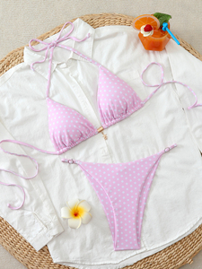 Cute Pink Polka Dot Halter <b>Bikini</b> Set with Gold Starfish Charm Summer Beach Swimwear - Product Image 2