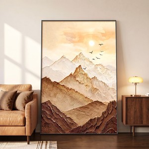 Peinture à l'huile peinte à la main, paysage abstrait, toile d'art murale pour salon, décoration de fond de canapé, scène de montagne dorée - Product Image 2
