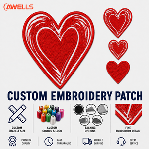 Patch brodé thermocollant durable en forme de cœur rouge avec bordure surjetée, badge haute densité 12000 points pour vêtements AWELLS - Product Image 3