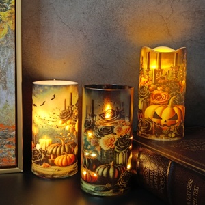 Halloween <span class=keywords><strong>LED</strong></span> Vintage Citrouille Chauve-Souris Bougie Trio Sans Flamme Pilier Bougies Ensemble de 3 avec Télécommande Scintillante - Product Image 1