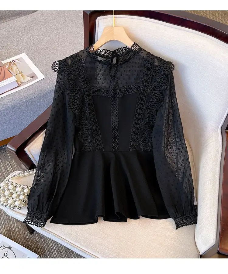 Wholesale Gothic Stylish Executive Lace Shirt Black Stand Collar Flared Cuff Spliced Lace Women Blouse