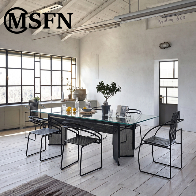 Rectangular Tempered Glass Dining Table Matte Black Metal Mesh Base Minimalist Geometric Design Home Furniture Stable Durable