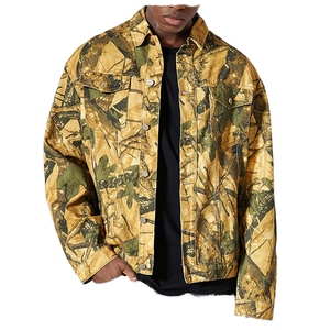 Veste coupe-vent en denim pour homme, style safari, fermeture à ceinture, motif camouflage arboral, impression personnalisée, imperméable, respirante, 100% coton - Product Image 1