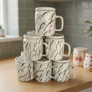 Ceramic <b>Mugs</b> Set With <b>Heart</b> Pattern Retro Design For Home Use Dishwasher Safe Reusable Drinkware - Product Image 1