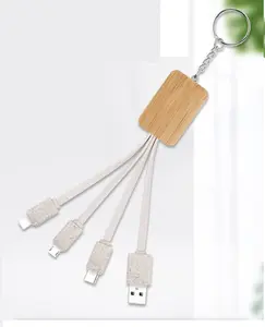 Keychain Charger Portable Charging Cable Wheat Straw Eco Friendly Bamboo 3 in 1 Multi Charging Cord