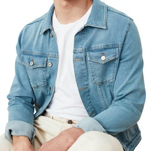 Chaqueta de mezclilla azul claro para hombre, cuello mandarín, corte regular, abotonadura sencilla, algodón lavado, transpirable, para invierno, con logo frontal. - Product Image 3