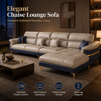 Sofá Seccional en Forma de L con Chaise Longue, Tapizado en Dos Tonos Azul Marino y Beige, Patas Doradas, para Sala de Estar, Hotel, Apartamento u Oficina