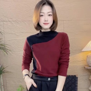 Women's High Neck Long Sleeve Knit Top Color Blocking Splicing Soft Warm Autumn Winter Casual T-Shirt Red Black Coffee Gray - Product Image 1
