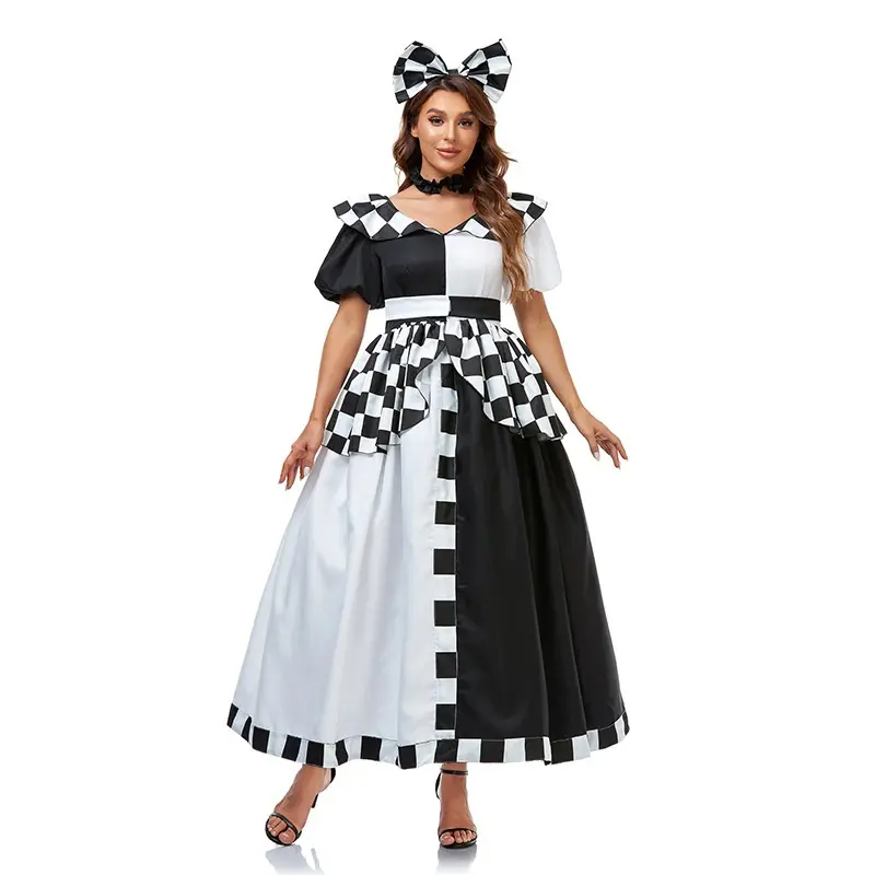 चेकरबोर्ड प्लेड प्रिंट हैलोवीन कॉस्टयूम कार्निवल बर्थडे पार्टी कॉसप्ले प्रिंसेस ड्रेस