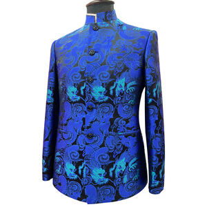 Men's Chinese <strong>Blue</strong> <strong>Dinner</strong> Dress Suit <strong>Jacket</strong> Dragon Pattern Woven Gold Jacquard Satin Waterproof Anti-Static Pleated Standing - Product Image 4