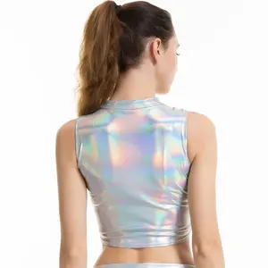 女性用光沢のあるメタリックリキッドタートルネッククロップトップベストノースリーブウェットルックタンクトップパーティークラブウェアレイブ音楽祭 - Product Image 4