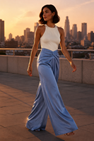 Pantalon Palazzo Plissé Taille Haute en Satin pour Femme, Coupe Large, Nœud Devant, Marron Chocolat, Style Habillé Décontracté, OEM