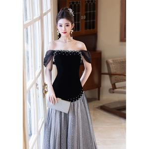 Black Strapless Evening Gown With Asymmetric Tulle Skirt For Coming Of Age Ceremony Natural Waistline S26113 - Product Image 3