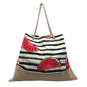Fábrica de Stock a granel buen precio personalizado verano grande de yute de algodón de las <span class=keywords><strong>mujeres</strong></span> Bolso Tote de playa - Product Image 1
