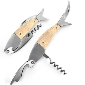 HXY Custom No MOQ Fish Shape Double Hinged Wood Corkscrew Wooden Fish Wine Opener Table Top Corkscrew Opener Easy To Use