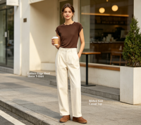 Kaos Wanita Lengan Pendek Cokelat 2026 100% Katun Anti-Kerut & Ramah Lingkungan Rajutan Rib Slim Fit Bernapas