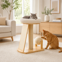 Arbre à chat en bois de chêne massif avec griffoir en sisal, rampe, jouet à bille rotatif à 360 degrés, lit-perchoir en peluche en forme de donut W1