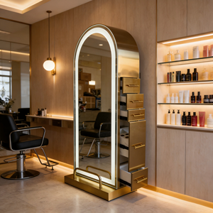 Station de coiffure moderne en métal, bois et verre, miroir double face, design durable et écologique, pour plusieurs salons de beauté - Product Image 3