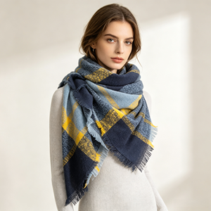 Écharpe triangulaire vintage à carreaux pour femme, châle léger en <span class=keywords><strong>fausse</strong></span> <span class=keywords><strong>fourrure</strong></span> douce, poncho multifonctionnel pour la tête, étole quotidienne automne-hiver - Product Image 6