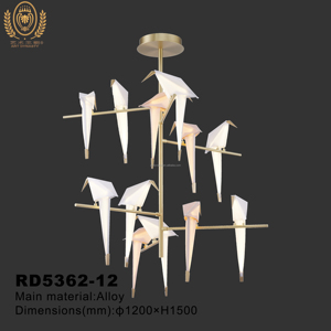 Suspension contemporaine 12 pigeons/colombes avec lumières LED et lustre en laiton et acrylique pour salle à manger - Product Image 6