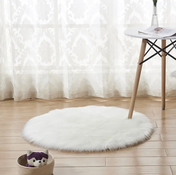 Tapis de sol en fausse fourrure pour salon de forme ronde, accessoire à poils longs et doux