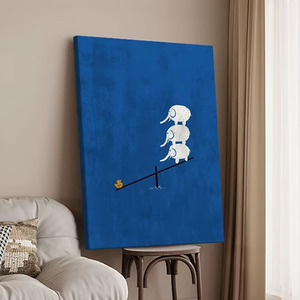 Klein Blue Oil Painting Three Elephants Balancing Duck Childrens Room Wall <b>Art</b> Hand Painted Frameless Canvas Artwork - Product Image 2