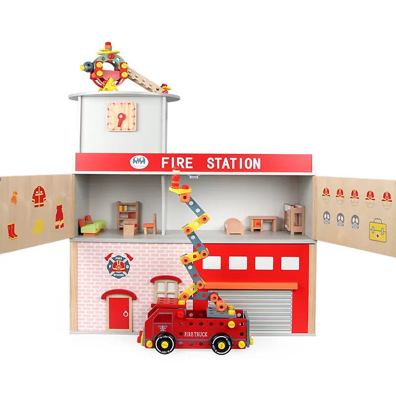 Estación de Bomberos de madera para niños, estación de bomberos de simulación, estación de bomberos