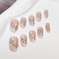 Gel ABS Made Capsules Stick Japanese 3D Luxury Diamond Leaf Cat Eye Premium Handmade Press on Nail Short Round French Finger
