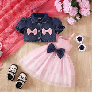 Nouvel Ensemble Décontracté d'<span class=keywords><strong>Automne</strong></span> pour Filles, Comportant une <span class=keywords><strong>Tenue</strong></span> Deux Pièces en Jean à Manches Courtes avec Manteau et Jupe, Mode Enfant - Product Image 1