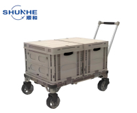 Chariot pliable à quatre roues pour l'extérieur, capacité 100 kg, en PP, personnalisable OEM, avec plateforme de rangement amovible pour pique-nique familial