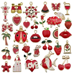 Mescola 31 stili pendenti con ciondoli a forma di labbro in smalto rosso fai-da-te per gioielli che fanno frutta carina accessori per gioielli con ciondolo telescopio